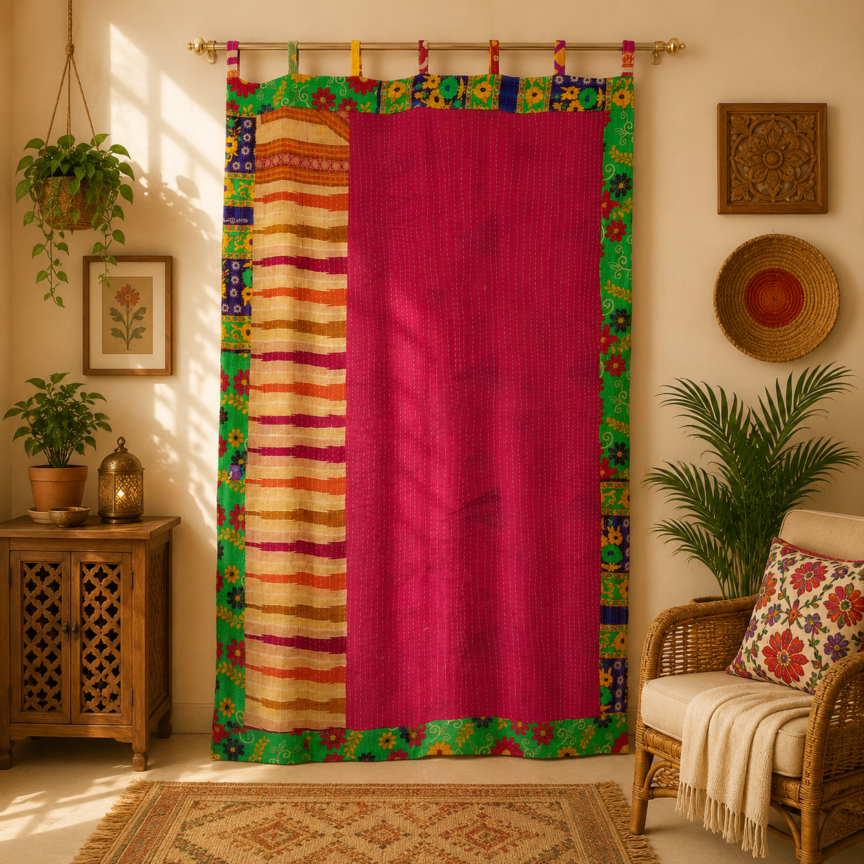 Pink Vintage Kantha Curtain – Handmade Cotton Patchwork Boho Indian Window Door Curtain – 1 Pc - Image 3
