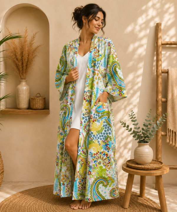 White Green Floral Paisley Long Kimono Robe – Boho Printed Maxi Kimono Jacket for Women