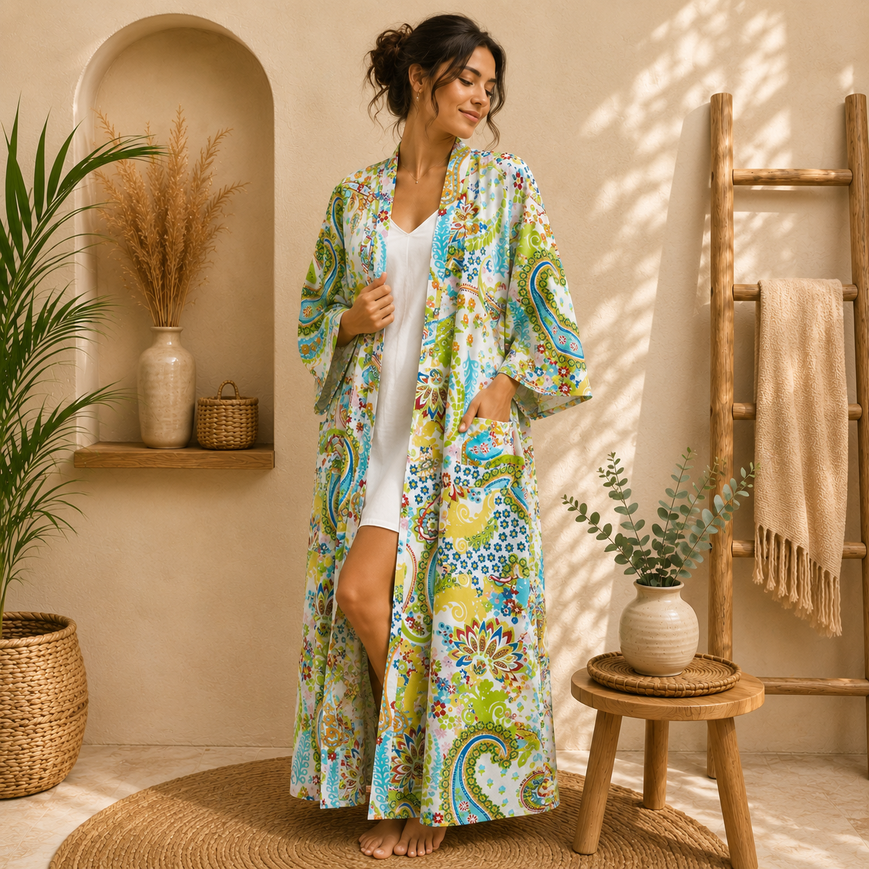 White Green Floral Paisley Long Kimono Robe – Boho Printed Maxi Kimono Jacket for Women