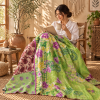 Vintage Green Kantha Quilt – Handmade Recycled Sari Cotton Floral Bedspread Throw - Image 3