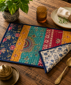 5 Pcs Vintage Kantha Quilted Placemats 13x18 Inches – Recycled Cotton Patchwork Table Mats, Handmade Boho Dining Decor
