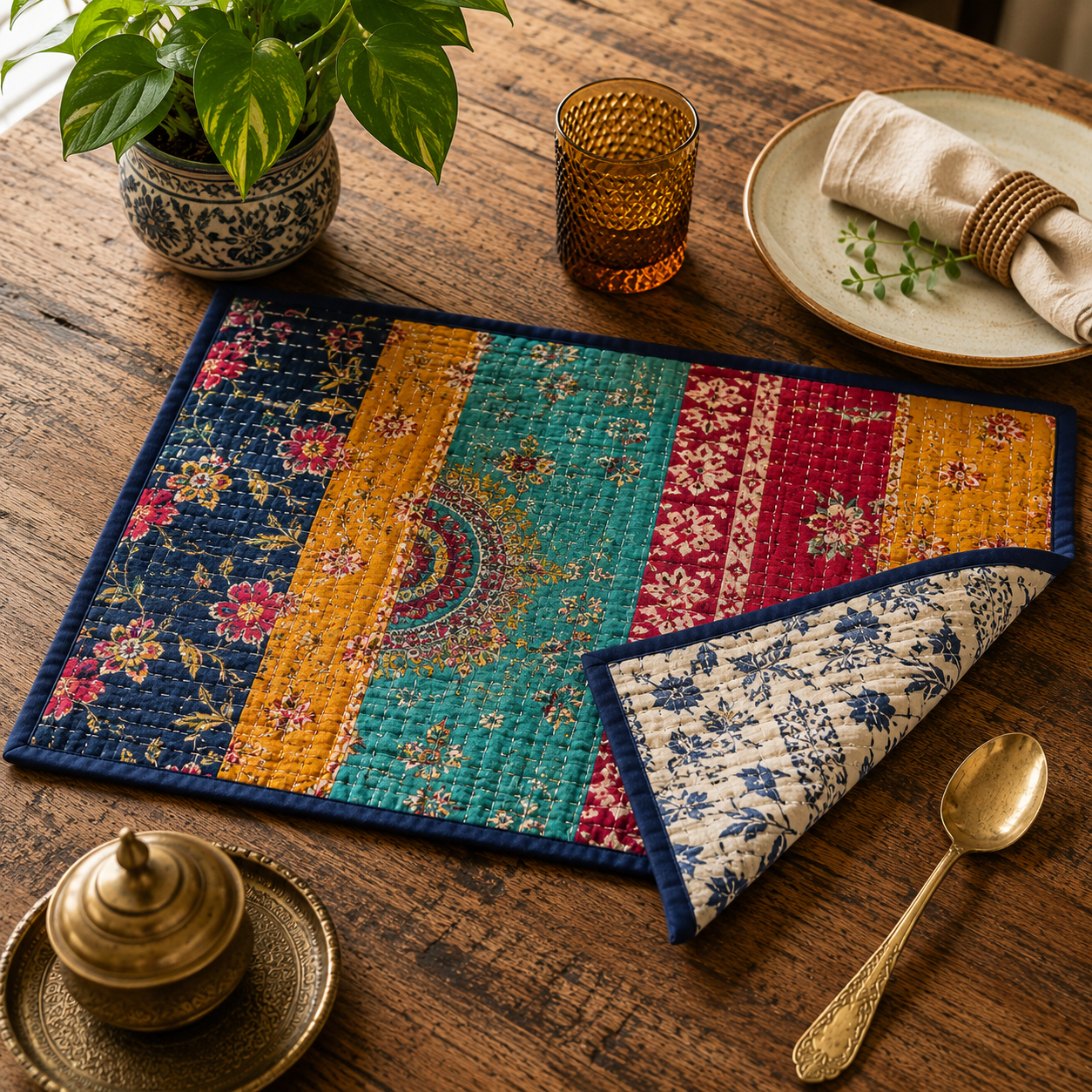 5 Pcs Vintage Kantha Quilted Placemats 13x18 Inches – Recycled Cotton Patchwork Table Mats, Handmade Boho Dining Decor - Image 5