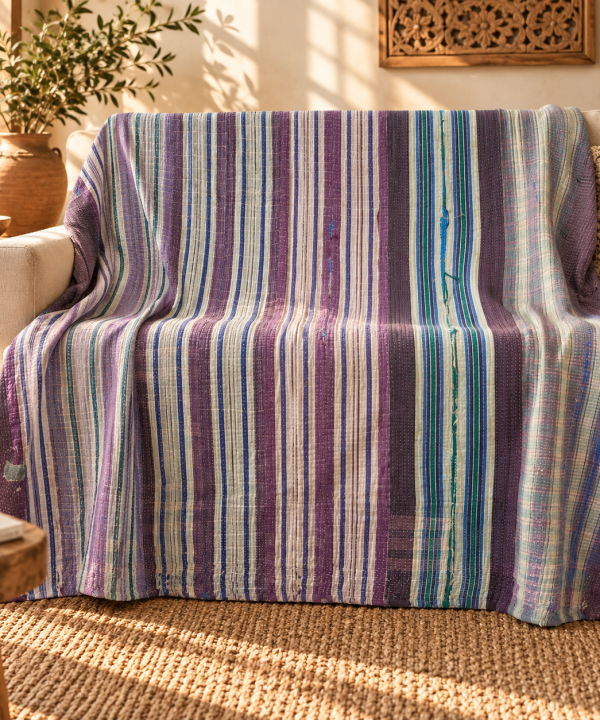 Vintage Kantha Quilt 60x90 Inches – Purple Blue Green Striped Handmade Cotton Bedspread Throw