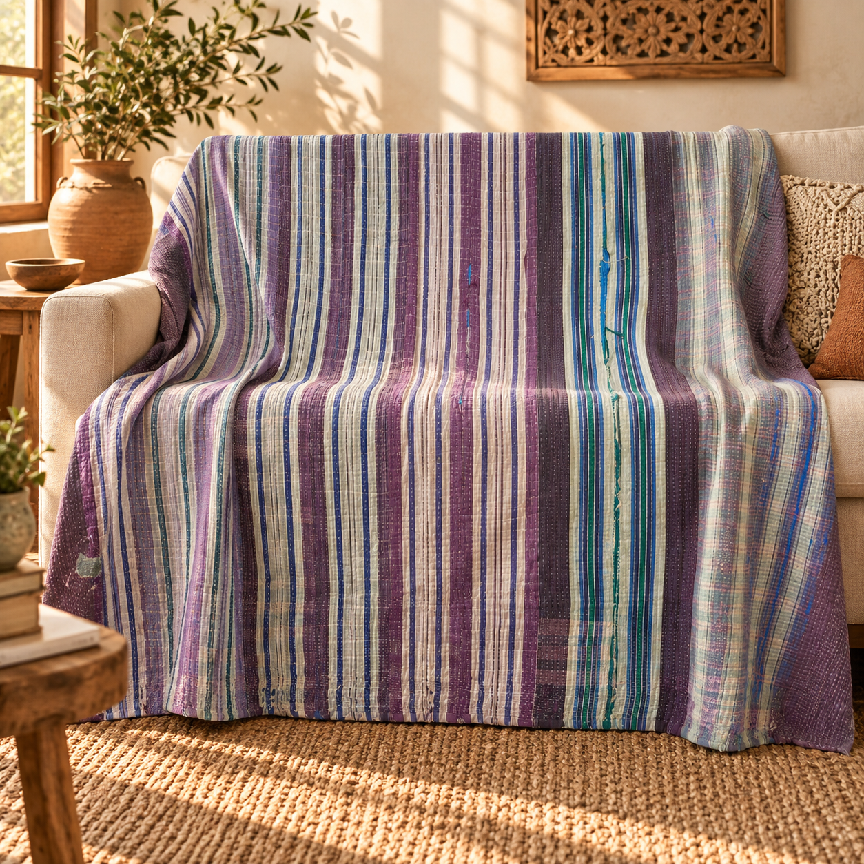 Vintage Kantha Quilt 60x90 Inches – Purple Blue Green Striped Handmade Cotton Bedspread Throw