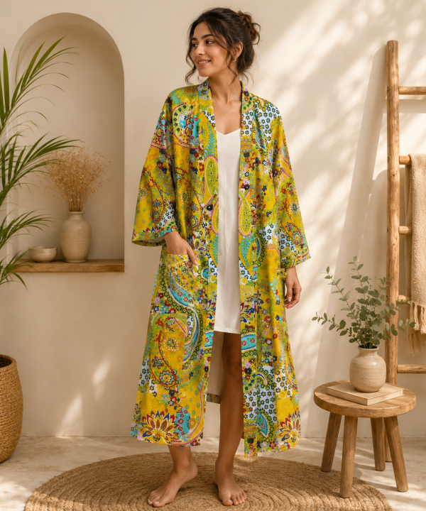 Yellow Multicolor Floral Paisley Long Kimono Robe – Boho Printed Maxi Kimono Jacket for Women