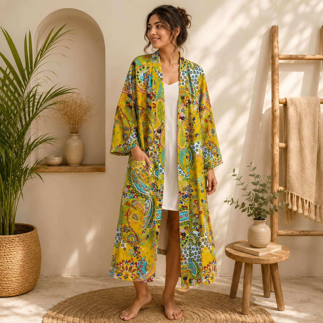Yellow Multicolor Floral Paisley Long Kimono Robe – Boho Printed Maxi Kimono Jacket for Women