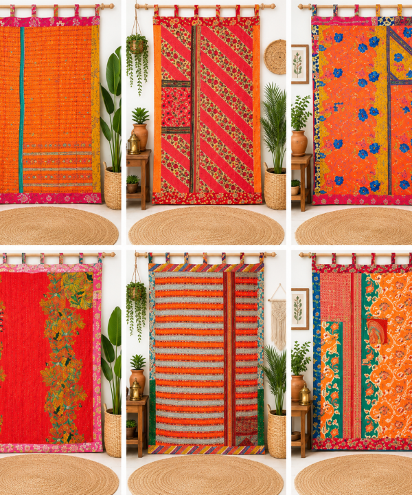 Orange Vintage Kantha Curtain – Handmade Cotton Patchwork Boho Indian Window Door Curtain – 1 Pc
