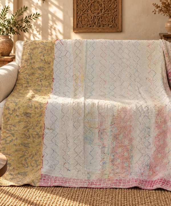 Vintage Ivory & Mustard Kantha Quilt 60x90 Inches – Hand Stitched Cotton Boho Throw