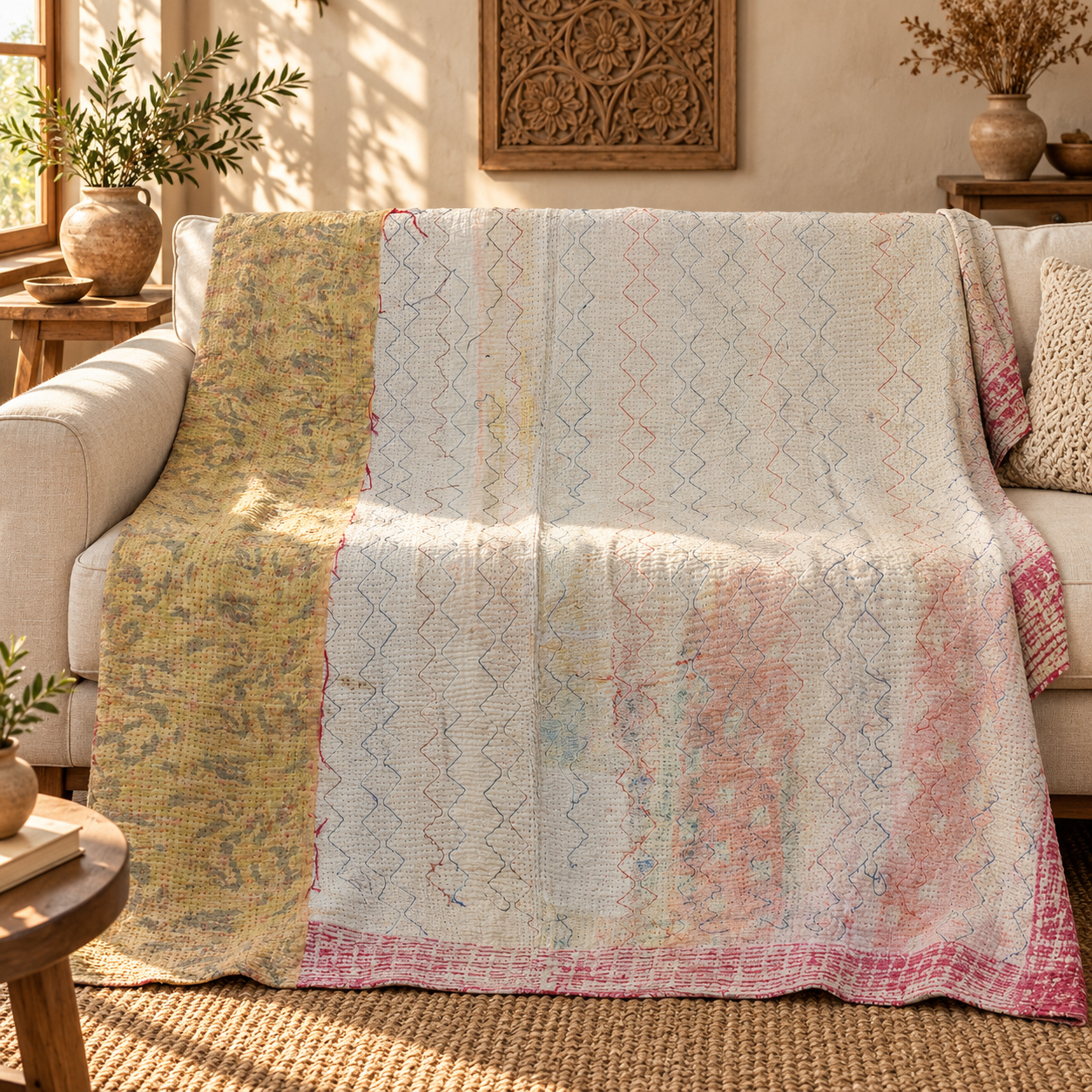 Vintage Ivory & Mustard Kantha Quilt 60x90 Inches – Hand Stitched Cotton Boho Throw