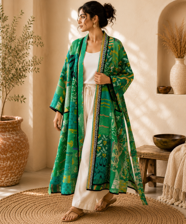 Emerald Green Multicolor Vintage Kantha Long Kimono Robe – Handmade Patchwork Cotton Boho Jacket