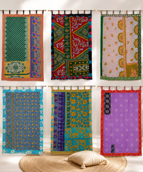 Alternative view of Vintage Kantha Patchwork Curtain 1 Pc – Multicolor Cotton Sari Window Panel Boho Tab Top Curtain