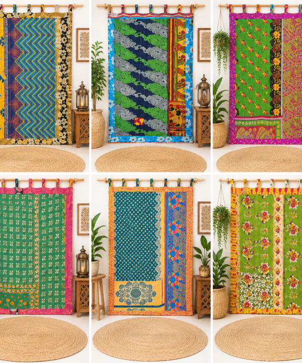 Green Vintage Kantha Curtain – Handmade Cotton Patchwork Boho Indian Window Door Curtain – 1 Pc