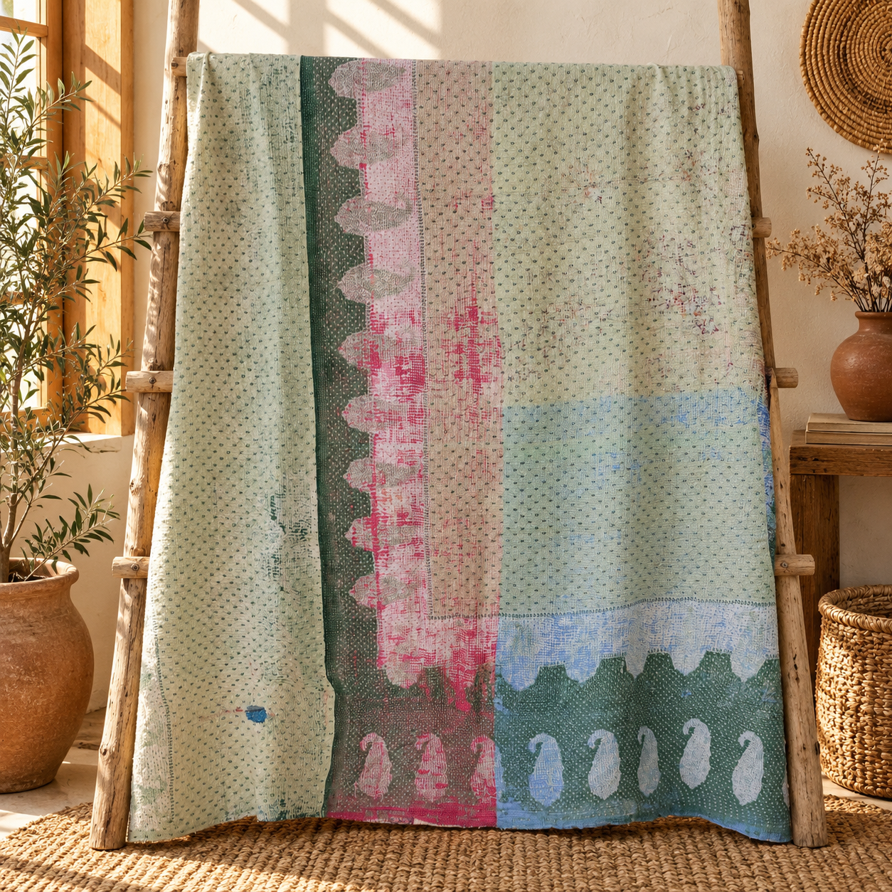 Vintage Pink & Green Kantha Quilt – Hand Stitched Cotton Bedspread 60 x 90 Inches - Image 5