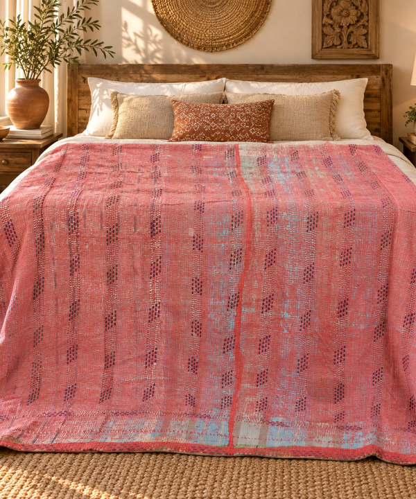 Alternative view of Vintage Kantha Quilt Coral Pink Cotton Throw – Handmade Indian Bedspread 60 x 90 Inches