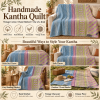 Vintage Kantha Quilt Blue Pink Green Patchwork – Handmade Cotton Bedspread Throw 60 x 90 Inches - Image 4