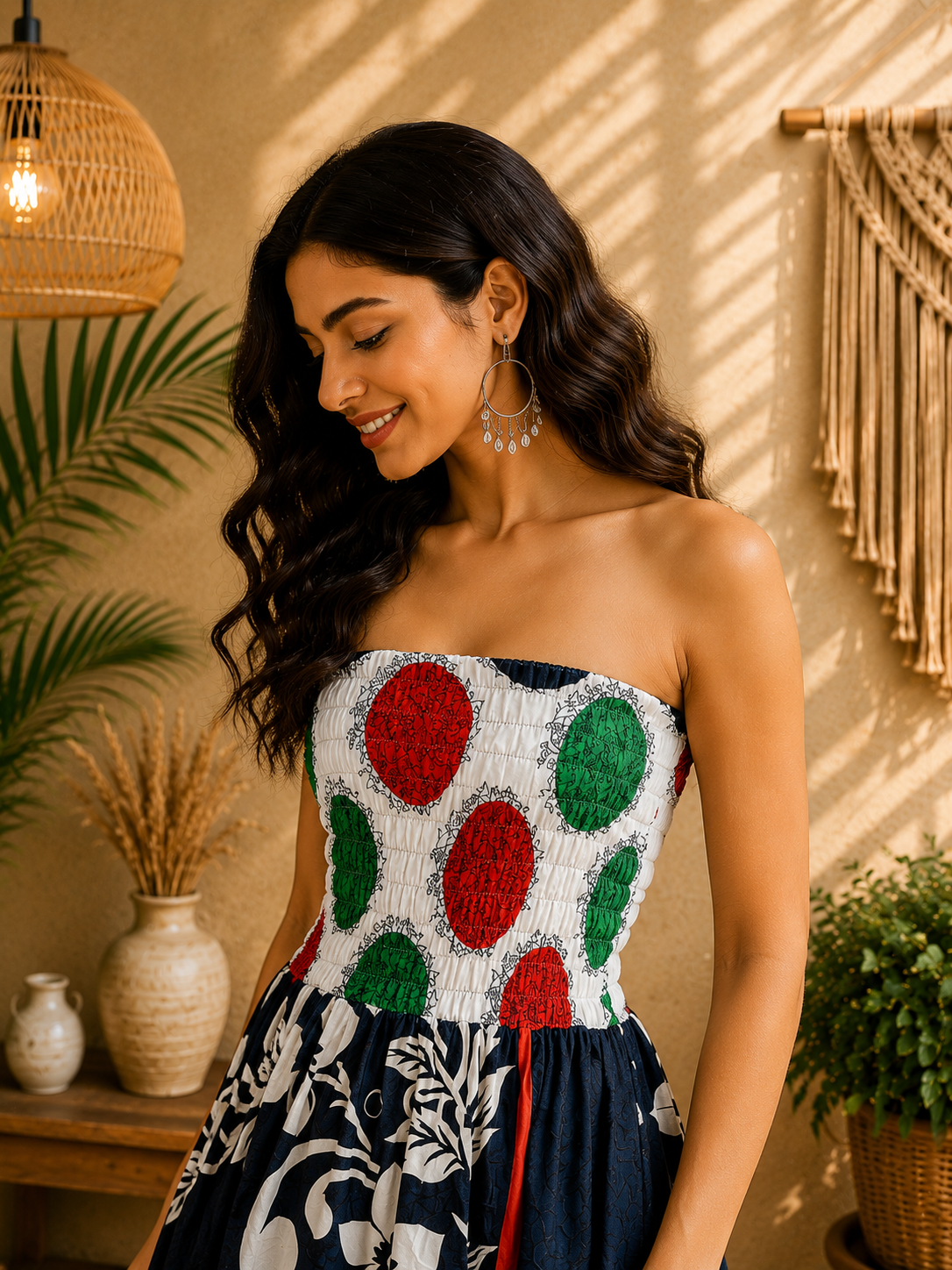 Black White Red & Green Patchwork Maxi Dress – Strapless Smocked Tiered Boho Summer Dress - Image 4