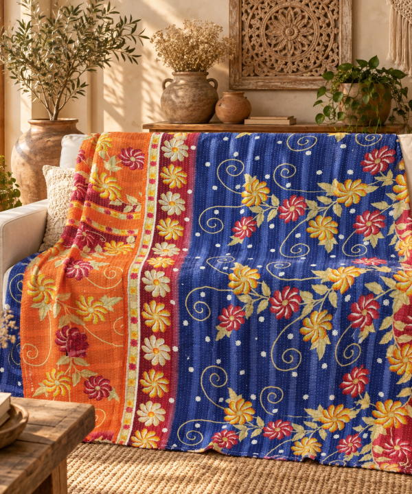 Vintage Handmade Kantha Quilt – Royal Blue Orange Floral Recycled Sari Cotton Bedspread, Indian Boho Throw