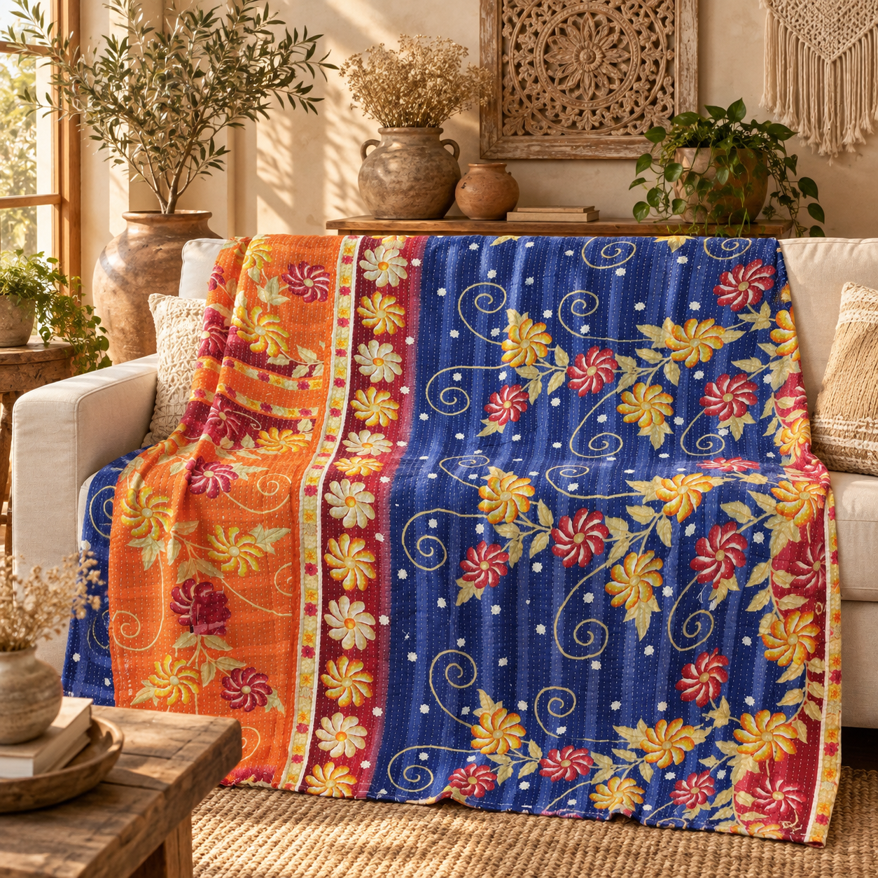 Vintage Handmade Kantha Quilt – Royal Blue Orange Floral Recycled Sari Cotton Bedspread, Indian Boho Throw