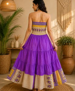 Alternative view of Purple Yellow & Beige Maxi Dress – Strapless Smocked Tiered Boho Printed Summer Dress