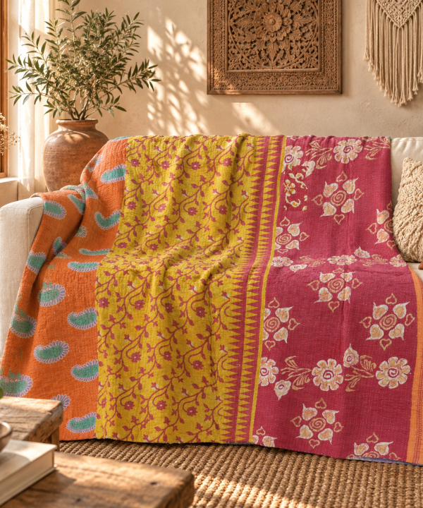 Vintage Pink Kantha Quilt – Handmade Floral Recycled Sari Bedspread, Reversible Indian Boho Throw Blanket