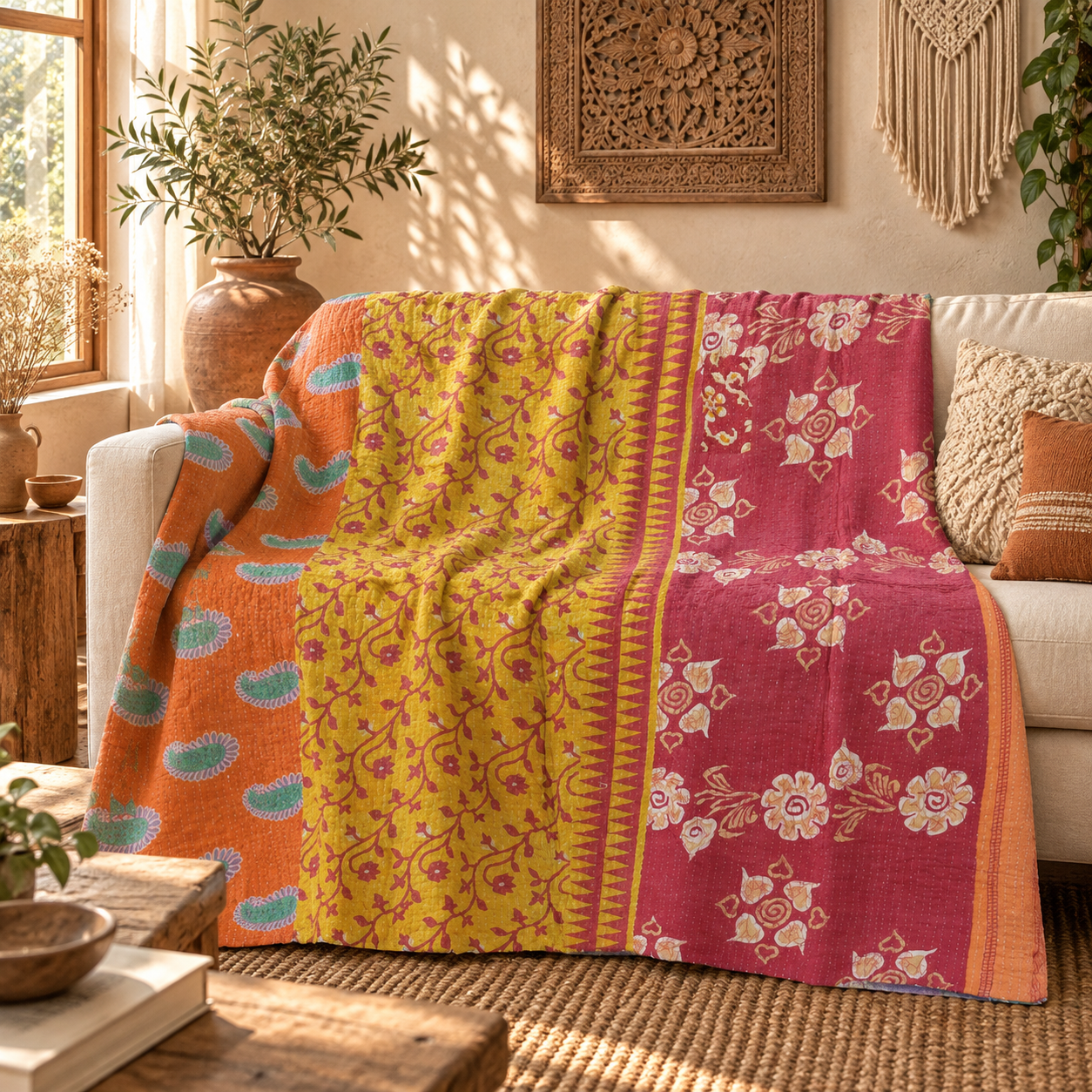 Vintage Pink Kantha Quilt – Handmade Floral Recycled Sari Bedspread, Reversible Indian Boho Throw Blanket