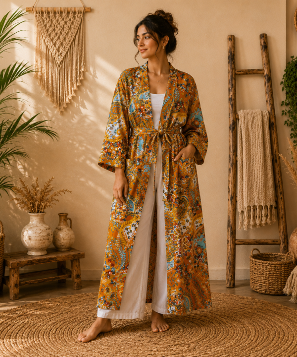 Burnt Orange Paisley Print Cotton Long Kimono Robe for Women – Boho Maxi Kimono, Free Size Belted Robe with Pockets