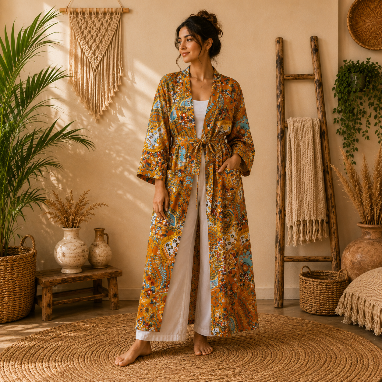 Burnt Orange Paisley Print Cotton Long Kimono Robe for Women – Boho Maxi Kimono, Free Size Belted Robe with Pockets