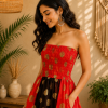 Red Black & Gold Maxi Dress – Strapless Smocked Tiered Boho Polka Dot Summer Dress - Image 4