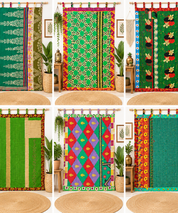 Green Vintage Kantha Curtain – Handmade Cotton Patchwork Boho Indian Window Door Curtain – 1 Pc