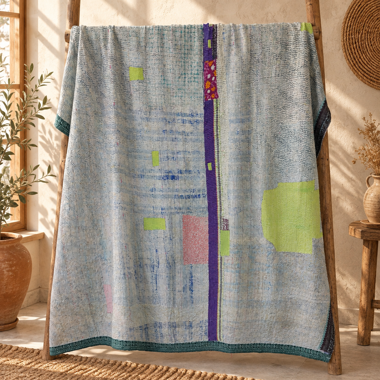 Vintage Blue Kantha Quilt – Handmade Cotton Patchwork Bedspread, Boho Throw 60 x 90 Inches - Image 5