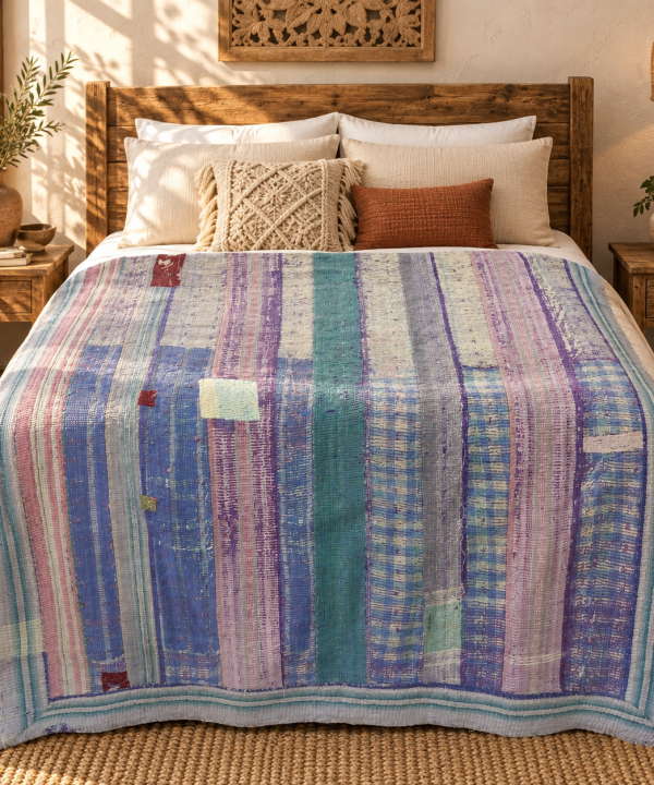 Alternative view of Vintage Blue Purple Kantha Quilt 60x90 Inches – Hand Stitched Cotton Boho Bedspread Throw