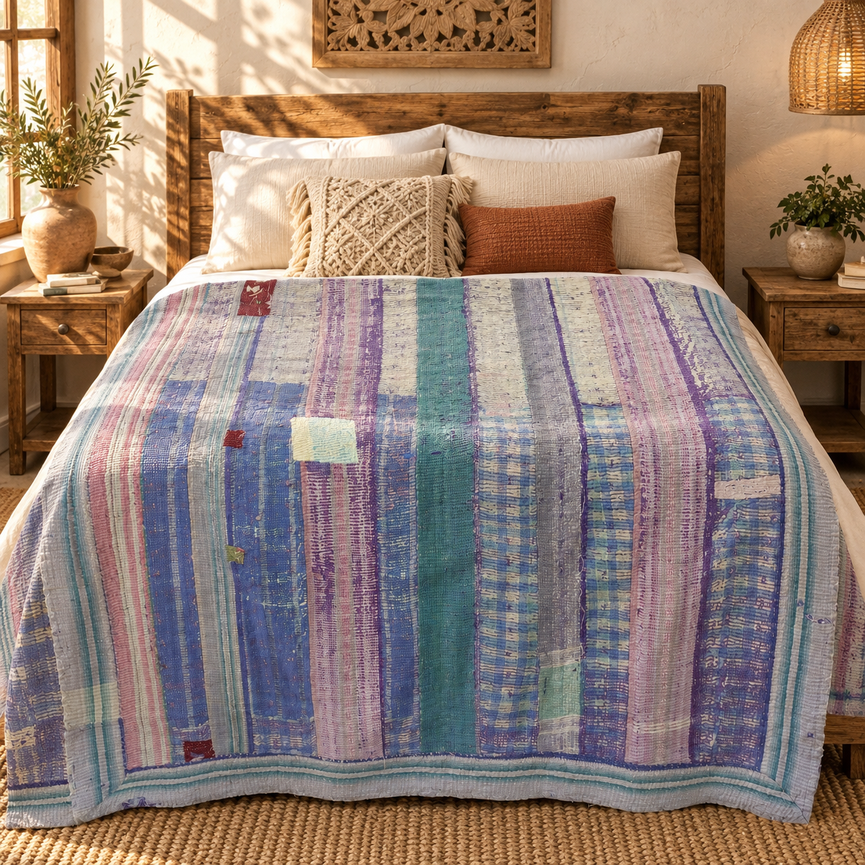Vintage Blue Purple Kantha Quilt 60x90 Inches – Hand Stitched Cotton Boho Bedspread Throw - Image 2