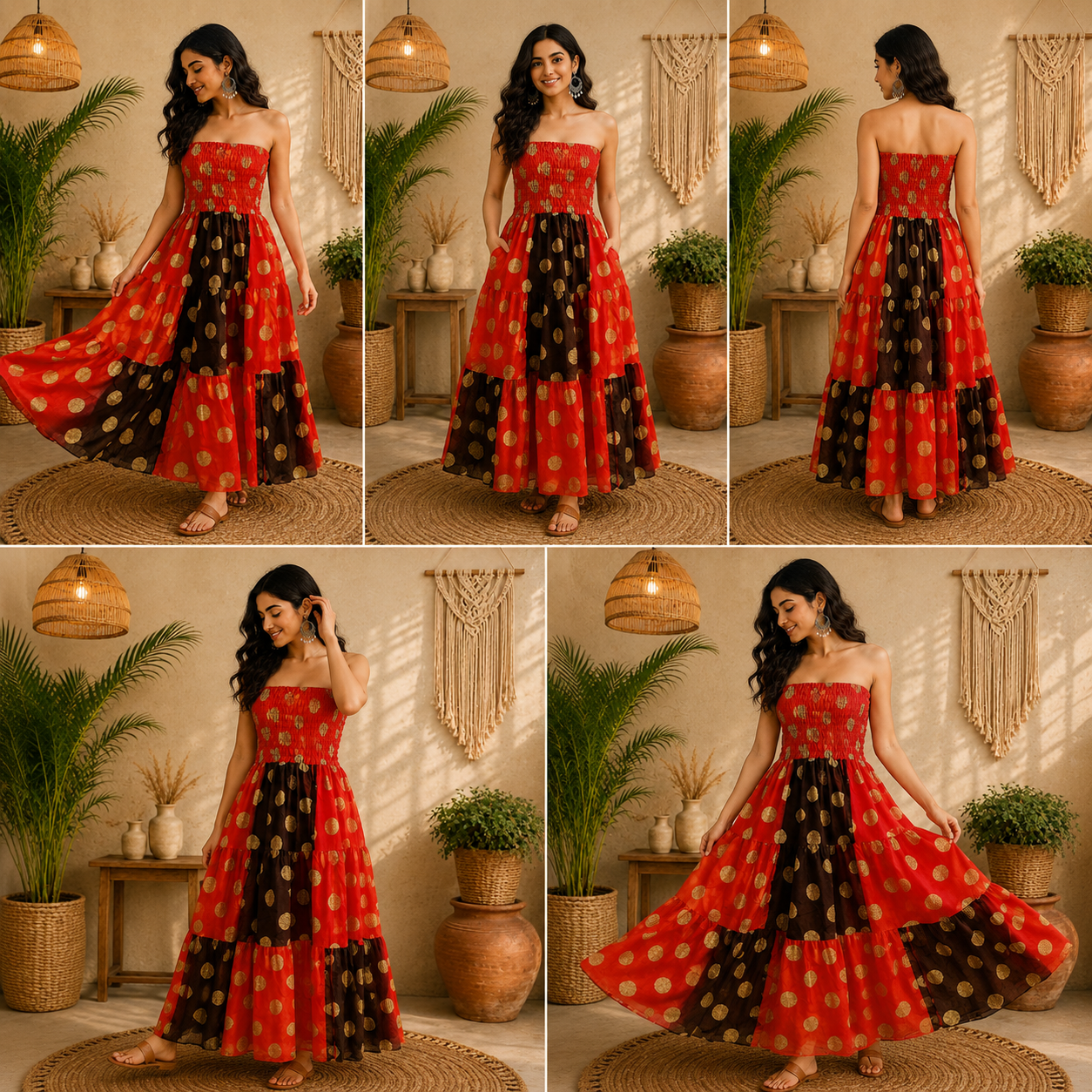 Red Black & Gold Maxi Dress – Strapless Smocked Tiered Boho Polka Dot Summer Dress - Image 6