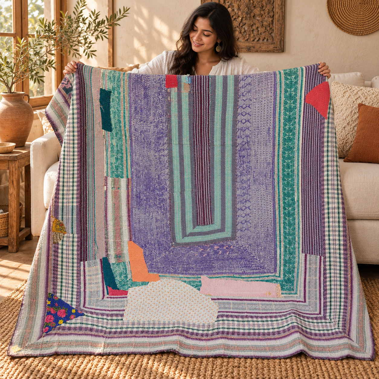 Vintage Kantha Quilt 60x90 Inches – Purple Teal Hand Stitched Cotton Patchwork Bedspread - Image 3