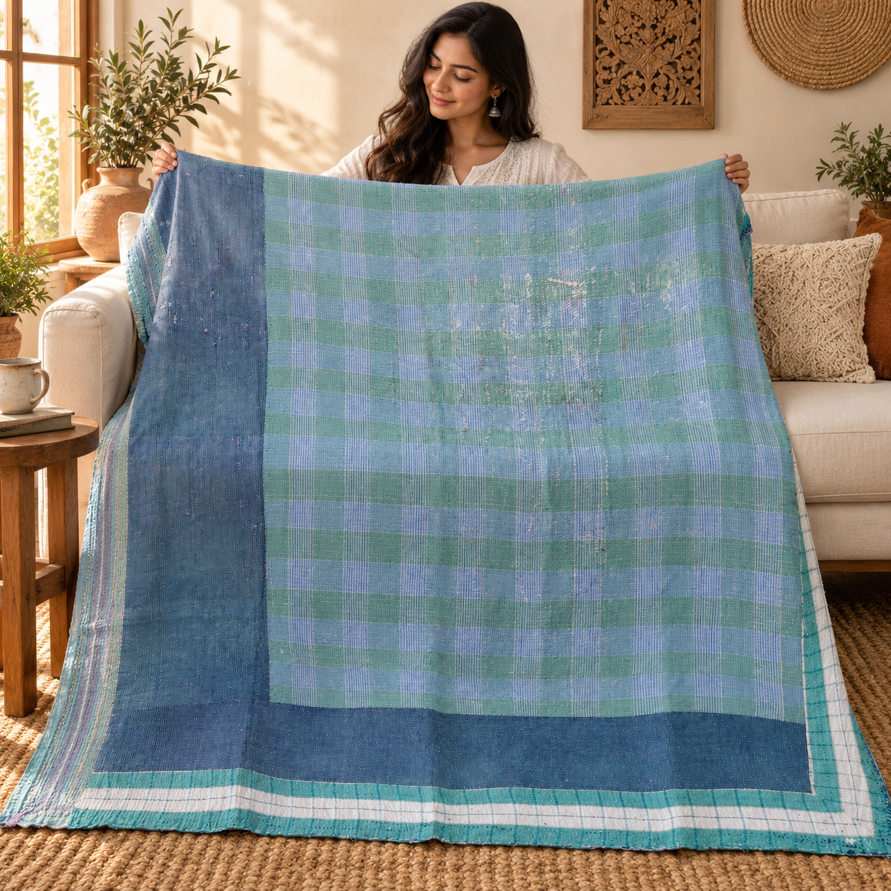 Vintage Blue Green Kantha Quilt 60x90 Inches – Hand Stitched Cotton Plaid Bedspread, Boho Throw Blanket - Image 3