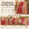 Vintage Handmade Kantha Quilt – Coral Red & Pink Floral Recycled Sari Throw | Reversible Indian Bedspread - Image 4