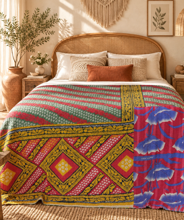 Alternative view of Vintage Handmade Kantha Quilt – Green & Red Multicolor Recycled Cotton Bedspread, Indian Boho Sofa Throw Blanket