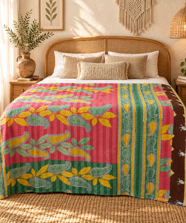 Alternative view of Vintage Handmade Kantha Quilt – Red & Green Paisley Recycled Cotton Quilt, Indian Boho Bedspread, Sofa Throw Blanket