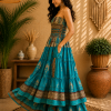 Turquoise Blue & Brown Printed Maxi Dress – Strapless Smocked Tiered Boho Summer Dress - Image 3