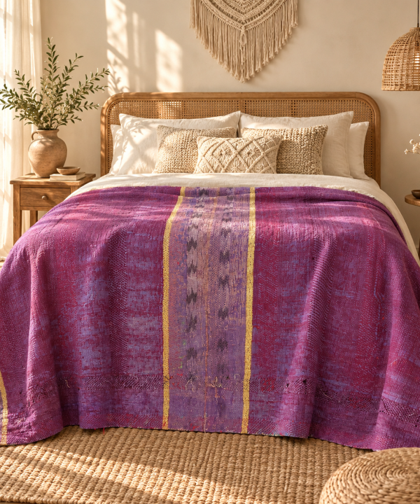 Alternative view of Vintage Handmade Kantha Quilt 50x80 Inches – Recycled Cotton Indian Bed Throw, Reversible Boho Blanket