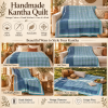 Vintage Blue Green Kantha Quilt 60x90 Inches – Hand Stitched Cotton Plaid Bedspread, Boho Throw Blanket - Image 4