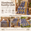 Vintage Handmade Kantha Quilt Blue & Mustard Floral Recycled Sari Cotton Boho Throw Blanket - Image 4