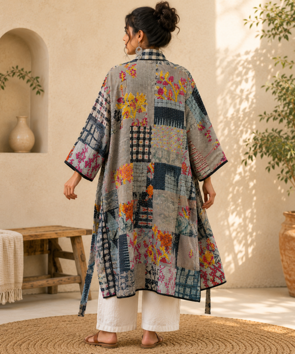Alternative view of Grey Blue Multicolor Vintage Kantha Long Kimono Robe – Handmade Patchwork Cotton Boho Jacket