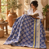 Vintage Handmade Kantha Quilt – Royal Blue & Cream Floral Recycled Cotton Bedspread, Indian Boho Sofa Throw - Image 3