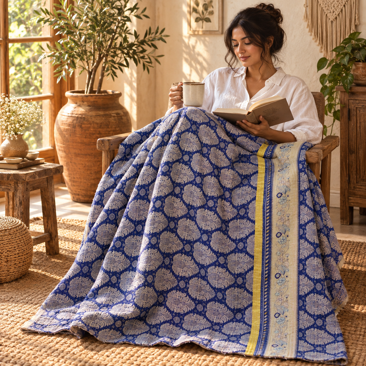 Vintage Handmade Kantha Quilt – Royal Blue & Cream Floral Recycled Cotton Bedspread, Indian Boho Sofa Throw - Image 3