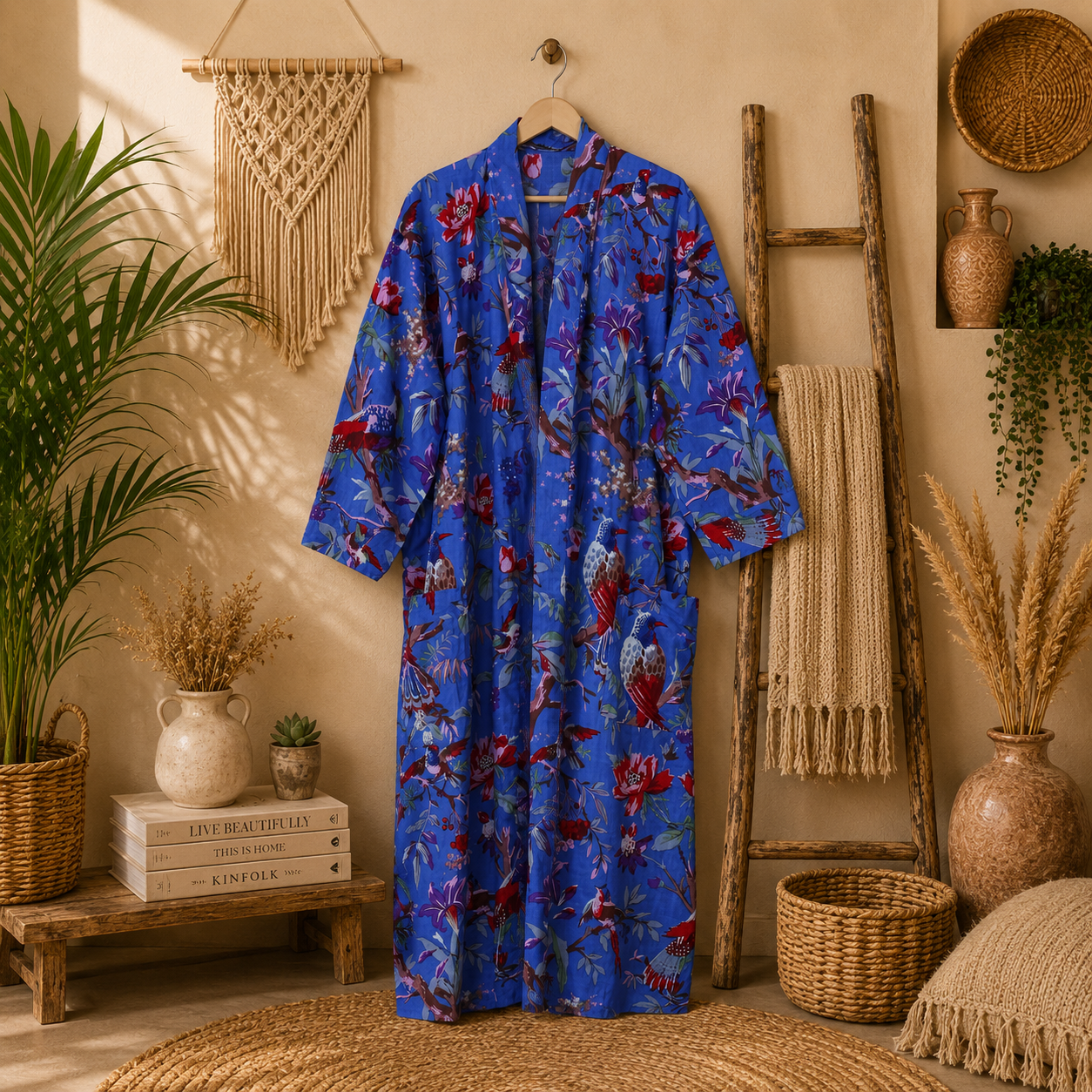 Royal Blue Floral Bird Print Cotton Long Kimono Robe for Women – Boho Maxi Kimono, Free Size with Pockets - Image 3