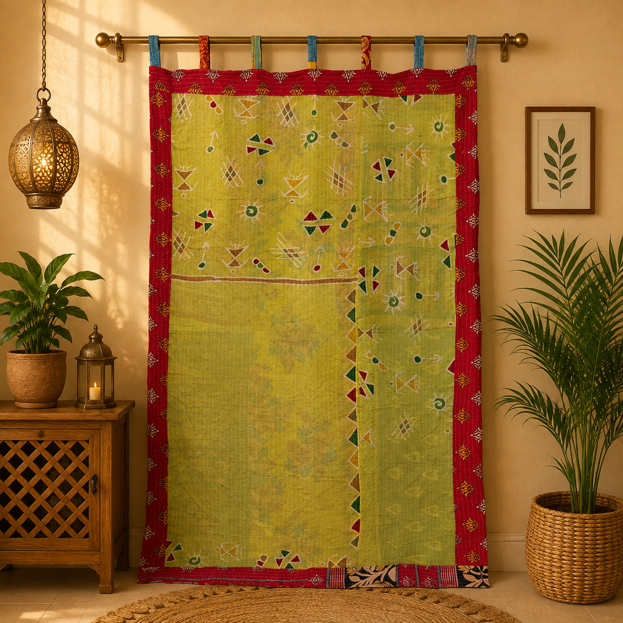 Yellow Vintage Kantha Curtain – Handmade Cotton Patchwork Boho Indian Window Door Curtain – 1 Pc - Image 4
