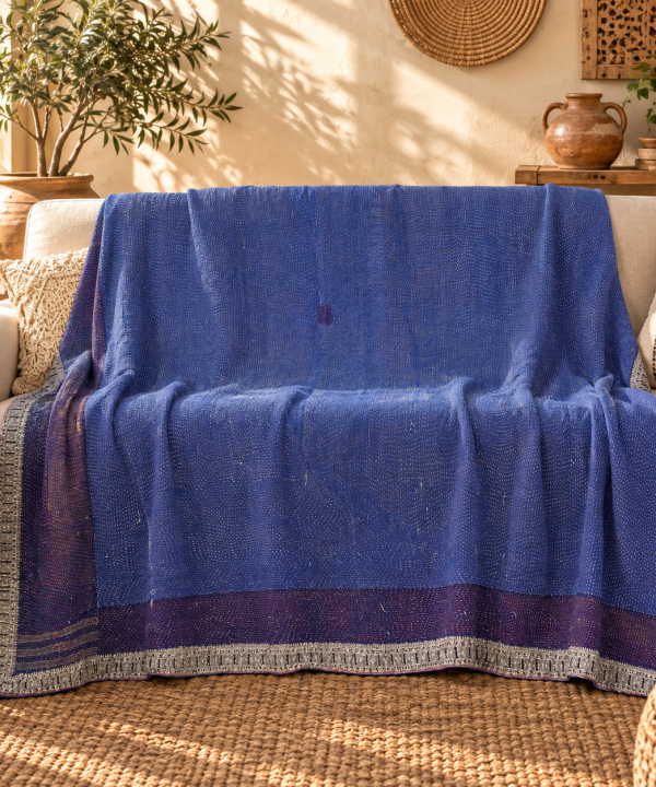 Royal Blue Vintage Kantha Quilt 60 x 90 Inches – Handmade Cotton Bedspread Throw – One of a Kind