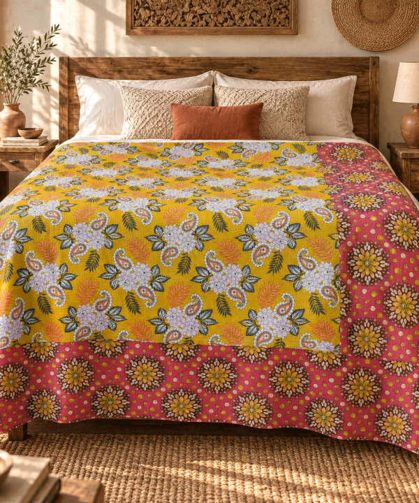 Alternative view of Vintage Mustard Yellow & Red Kantha Quilt 60x90 Inches – Handmade Floral Cotton Bedspread