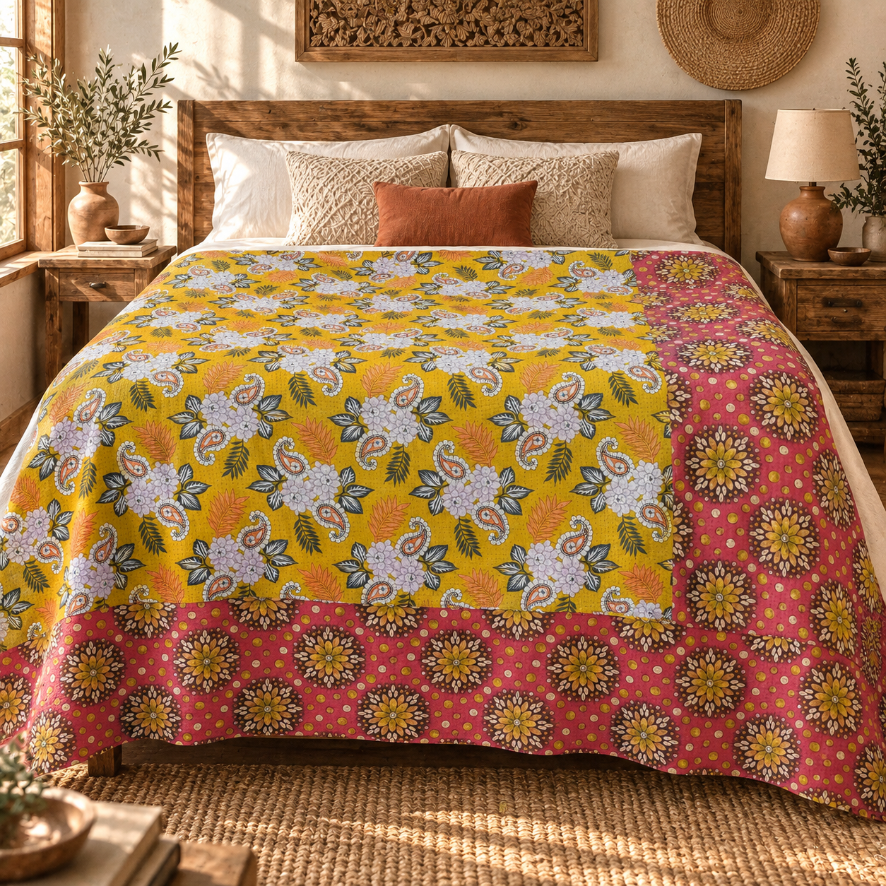 Vintage Mustard Yellow & Red Kantha Quilt 60x90 Inches – Handmade Floral Cotton Bedspread - Image 2